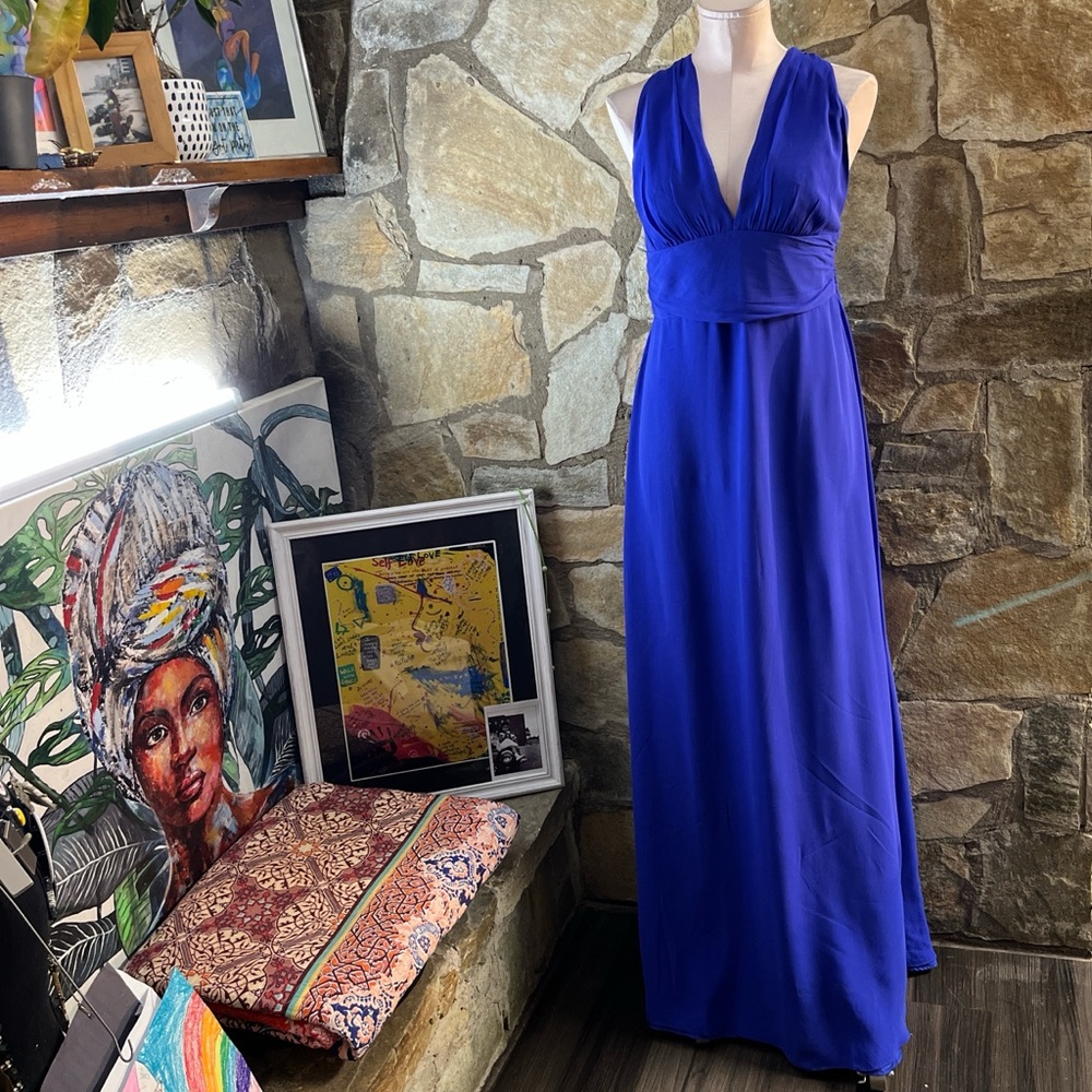 Nicole Miller 100% Silk Cobalt Blue Maxi Dress Open Back Evening Gown Size 12